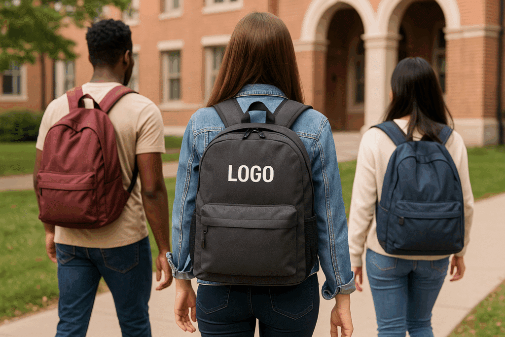 branded backpack on university campus 