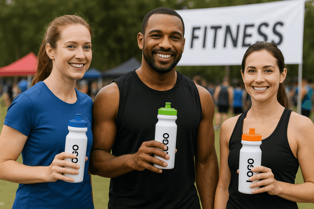 branded sports bottles at a fitness meeting