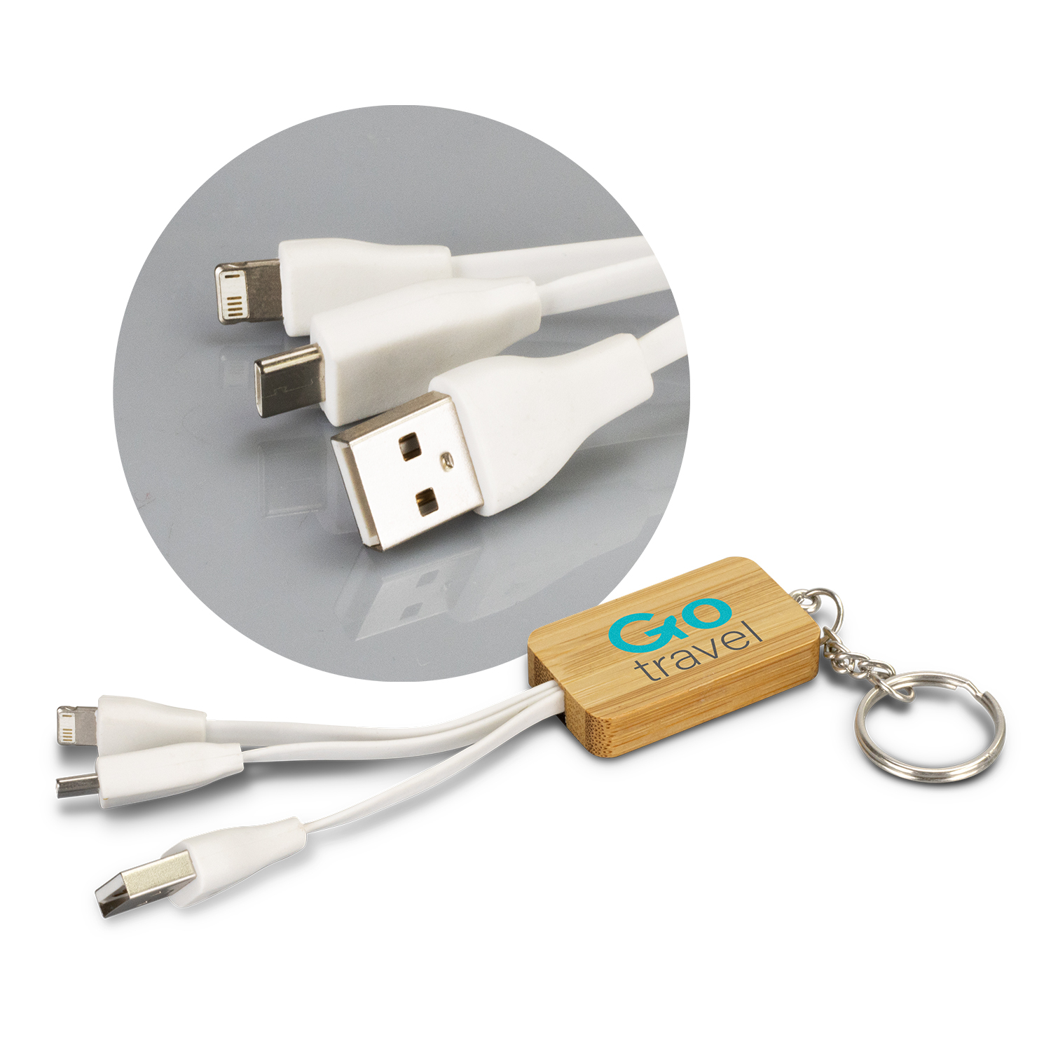 Promotional Bamboo Charging Cable Key Ring - Rectangle