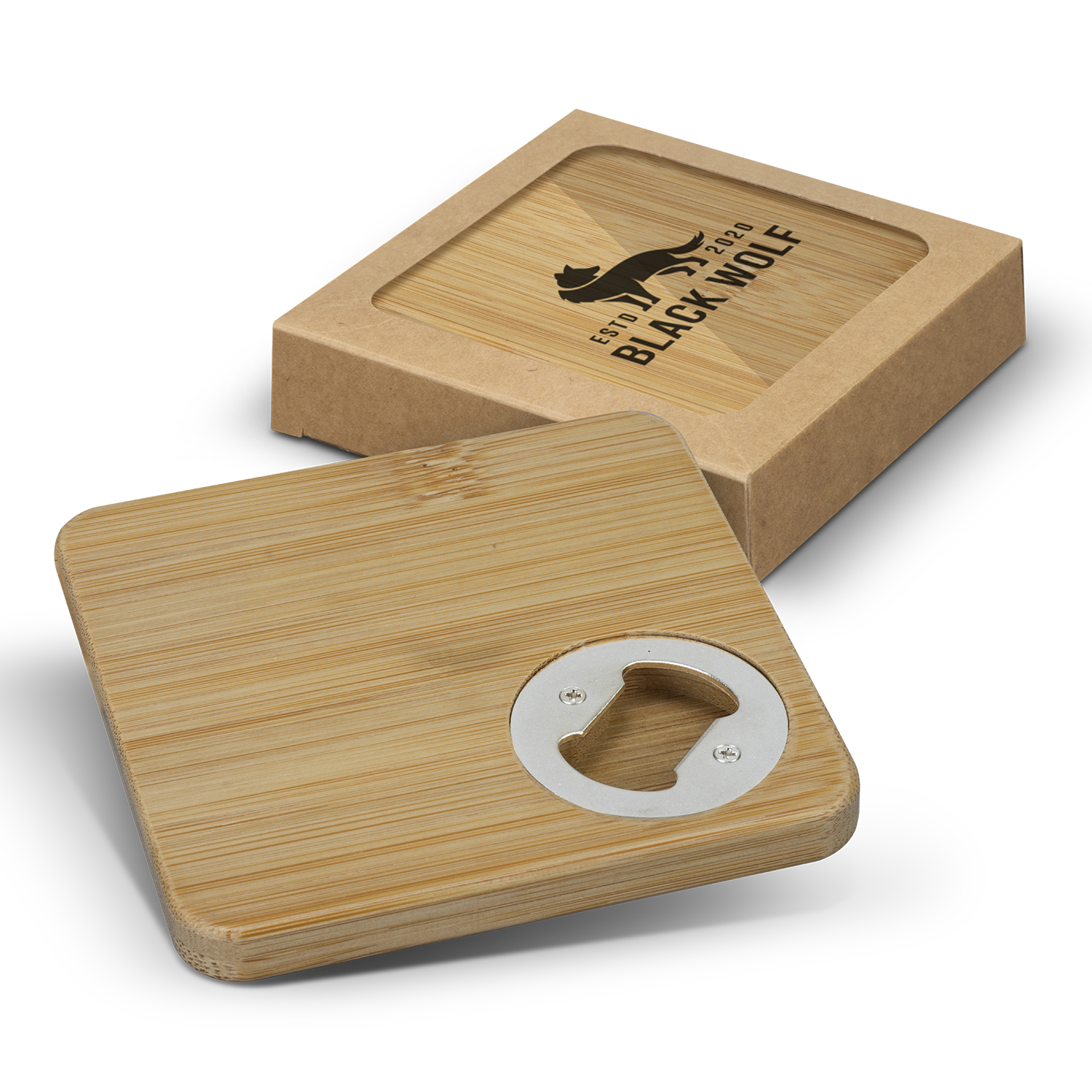 Promotional Bamboo Bottle Opener Coaster - Set of 2 - Square